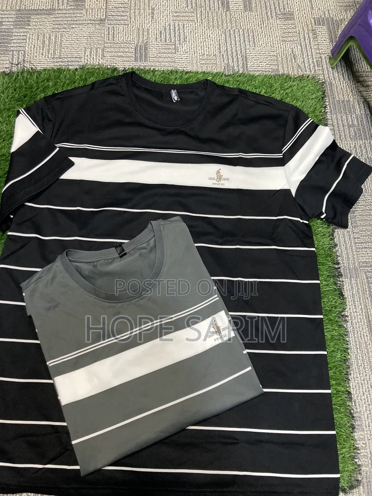 Men's Black White Striped Polo Style T-Shirt •