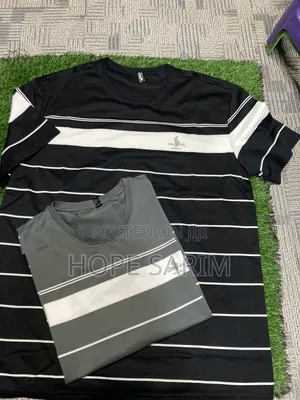 Men's Black White Striped Polo Style T-Shirt •