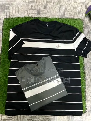Men's Black White Striped Polo Style T-Shirt •
