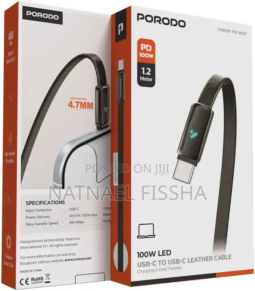 Porodo 100w Led Usb-C to Usb-C Leather Cable