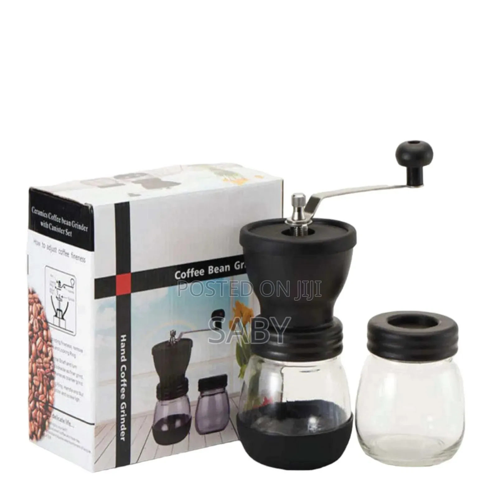 Manual Black Coffee Grinder With a Clear Glass Jar. [1, 2]