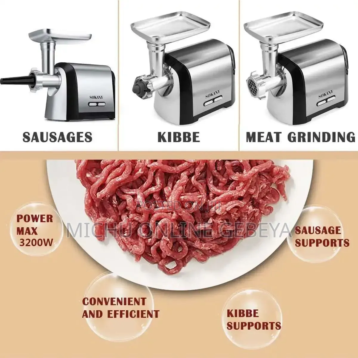 High Quality 3200w ጉልበት ያለው Sokany Meat Grinder/Free Delivery