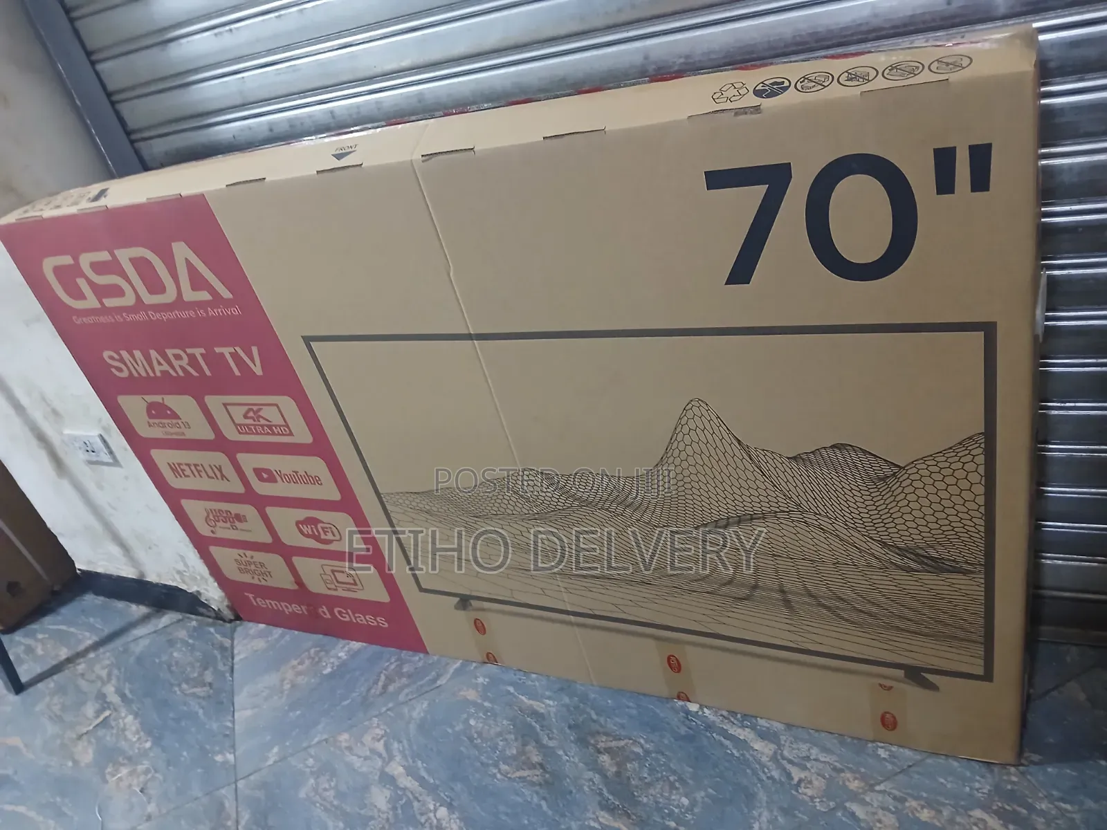 Gsdatvthe Image Shows a Brand-New Box for a Gsda 70-Inch Uhd Smart