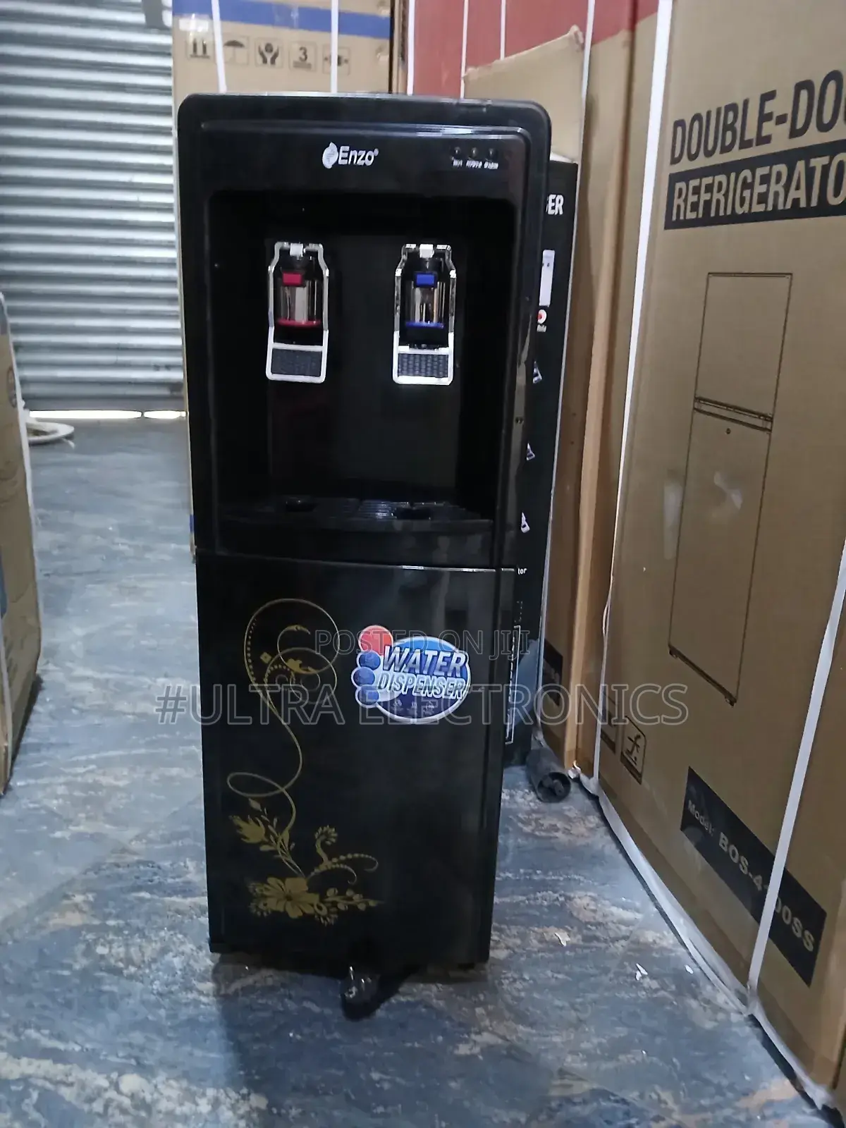 Enzo Freestanding Black Water Dispenser With a Floral Design on The