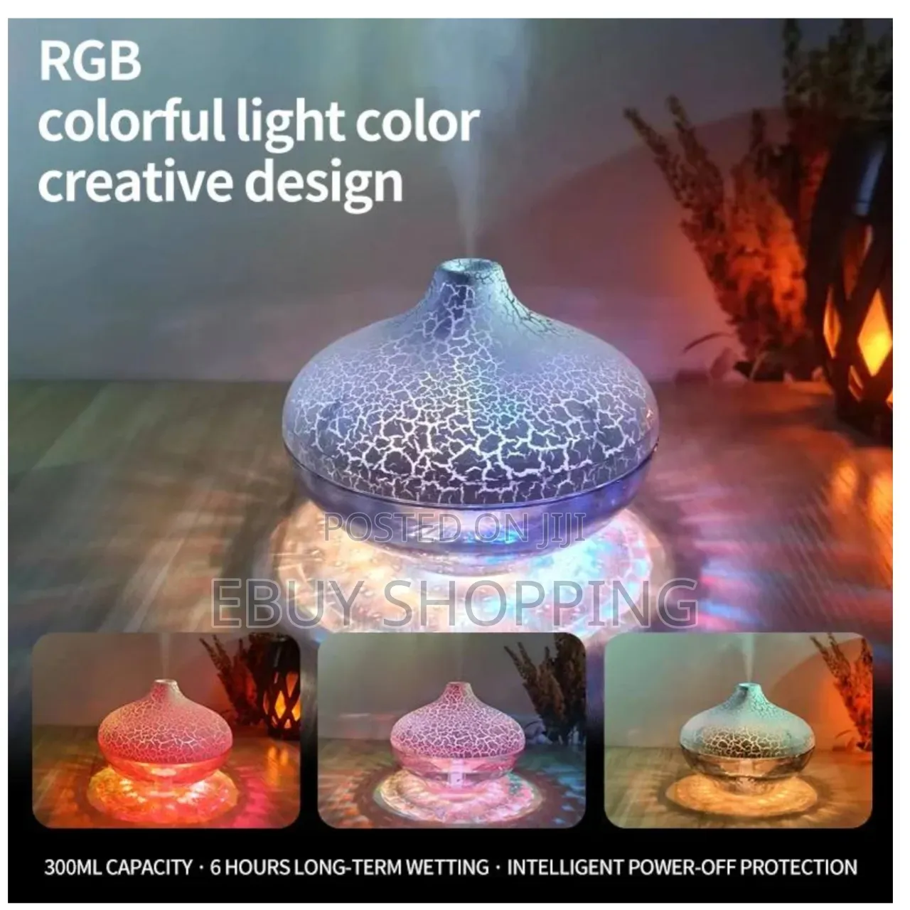Whisper-Quiet 300ml Humidifier – Colorful Crackle Glow +Auto Power-Off