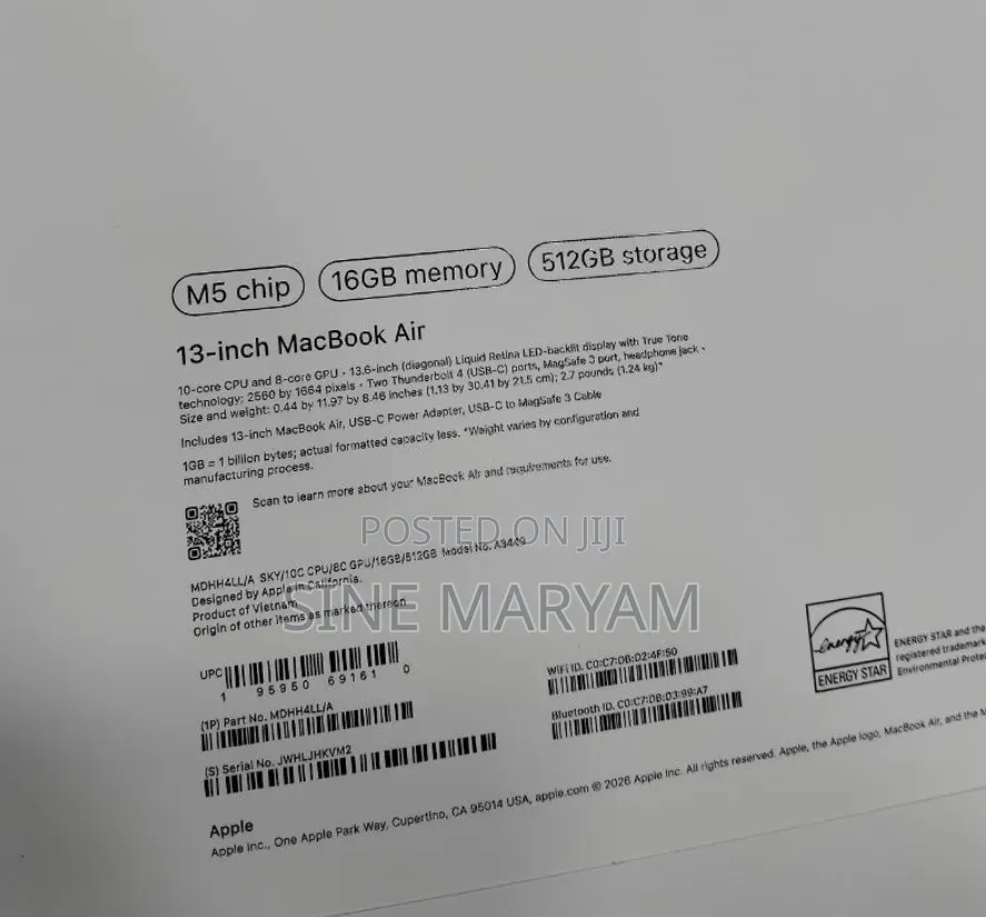 New Laptop Apple MacBook Air 2026 M5 15-inch 16GB Apple M5 SSD 512GB
