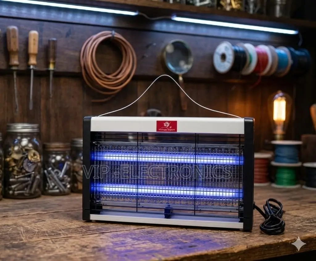 Electronic Uv Insect Killer Against A Vintage Apothecary Shelf Display