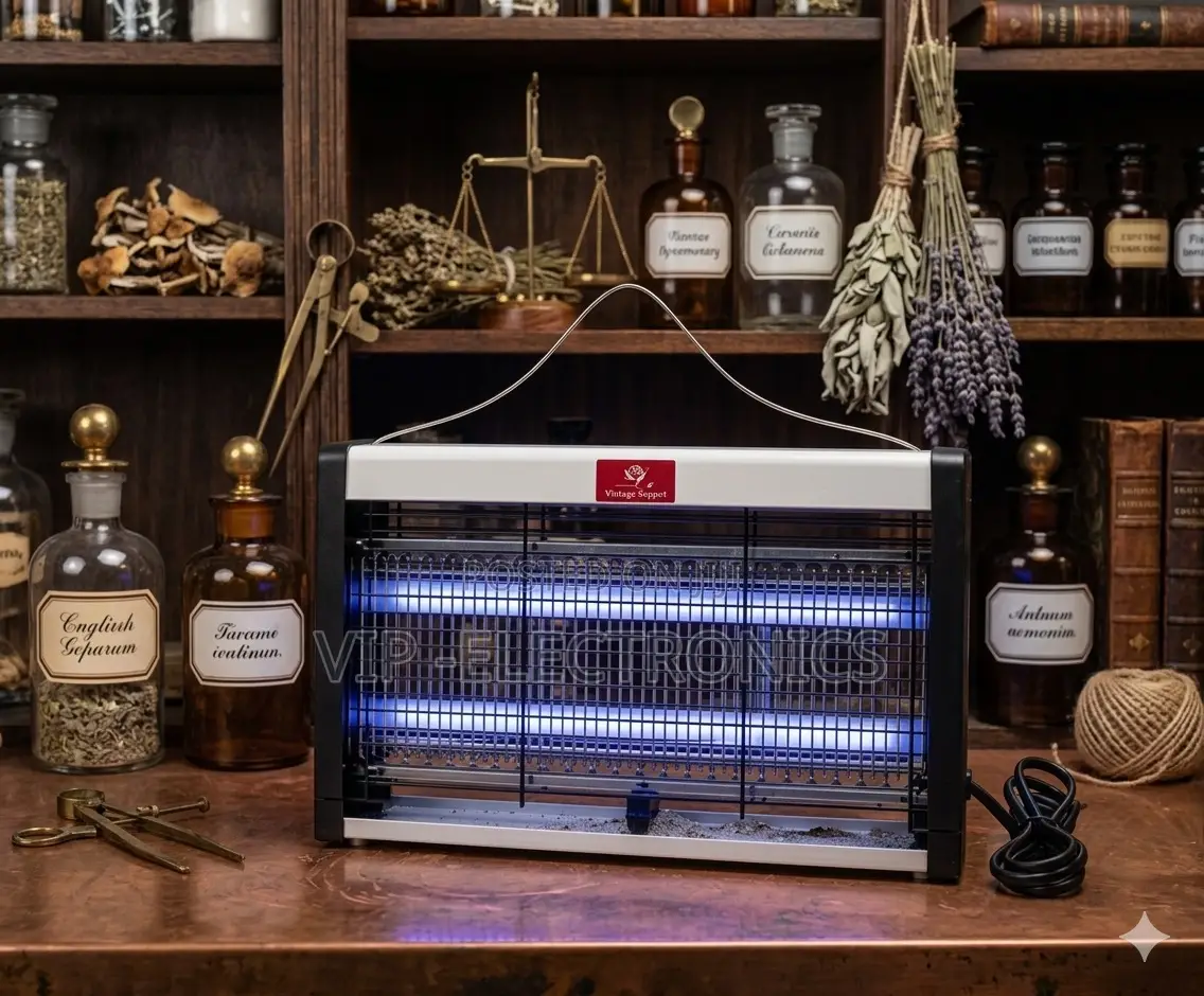 Electronic Uv Insect Killer Against A Vintage Apothecary Shelf Display