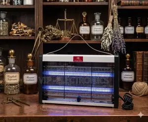 Electronic Uv Insect Killer Against A Vintage Apothecary Shelf Display