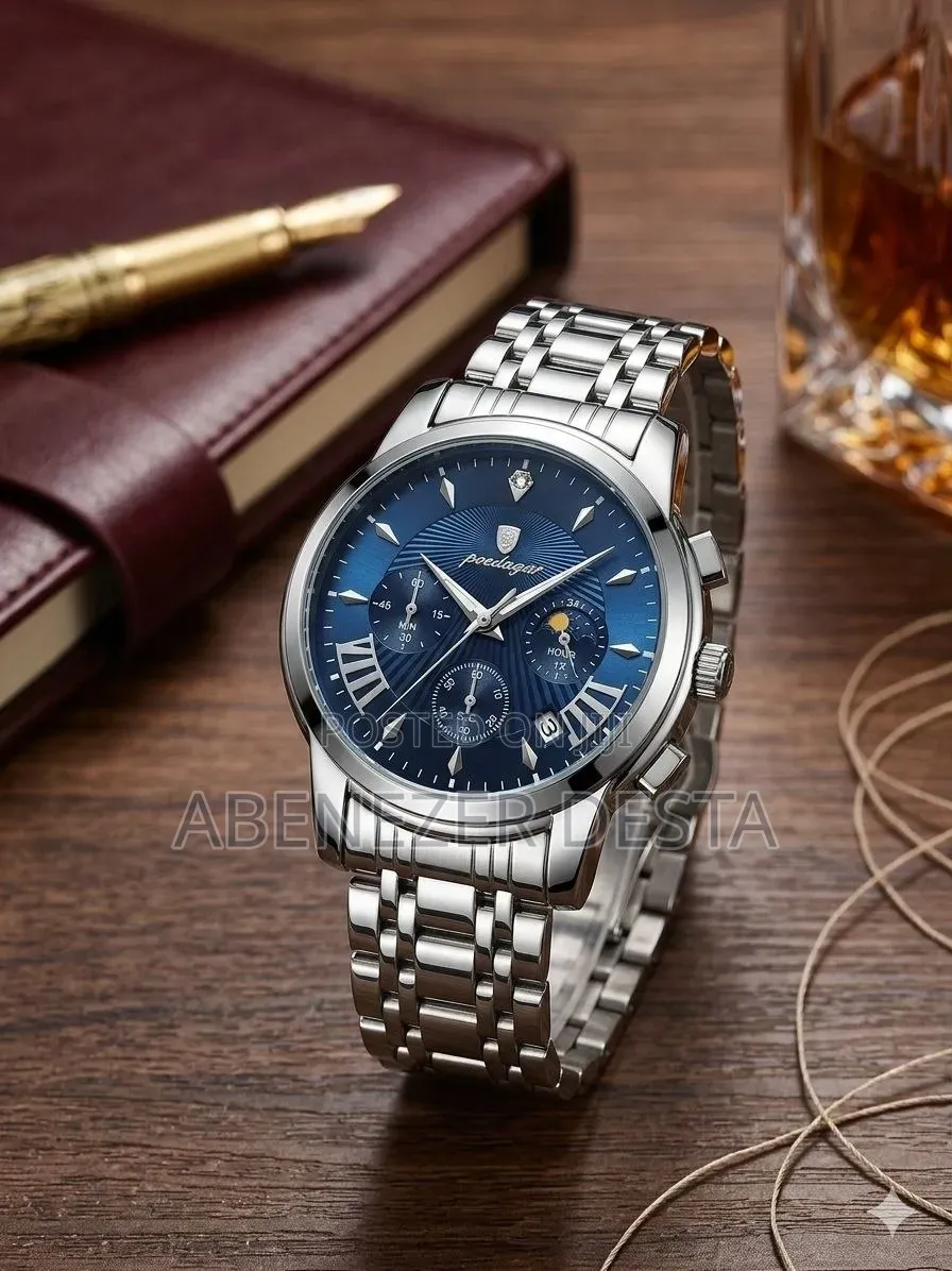 Poedagar Blue Dial Chronograph Wristwatch With a Stainless Steel Band.
