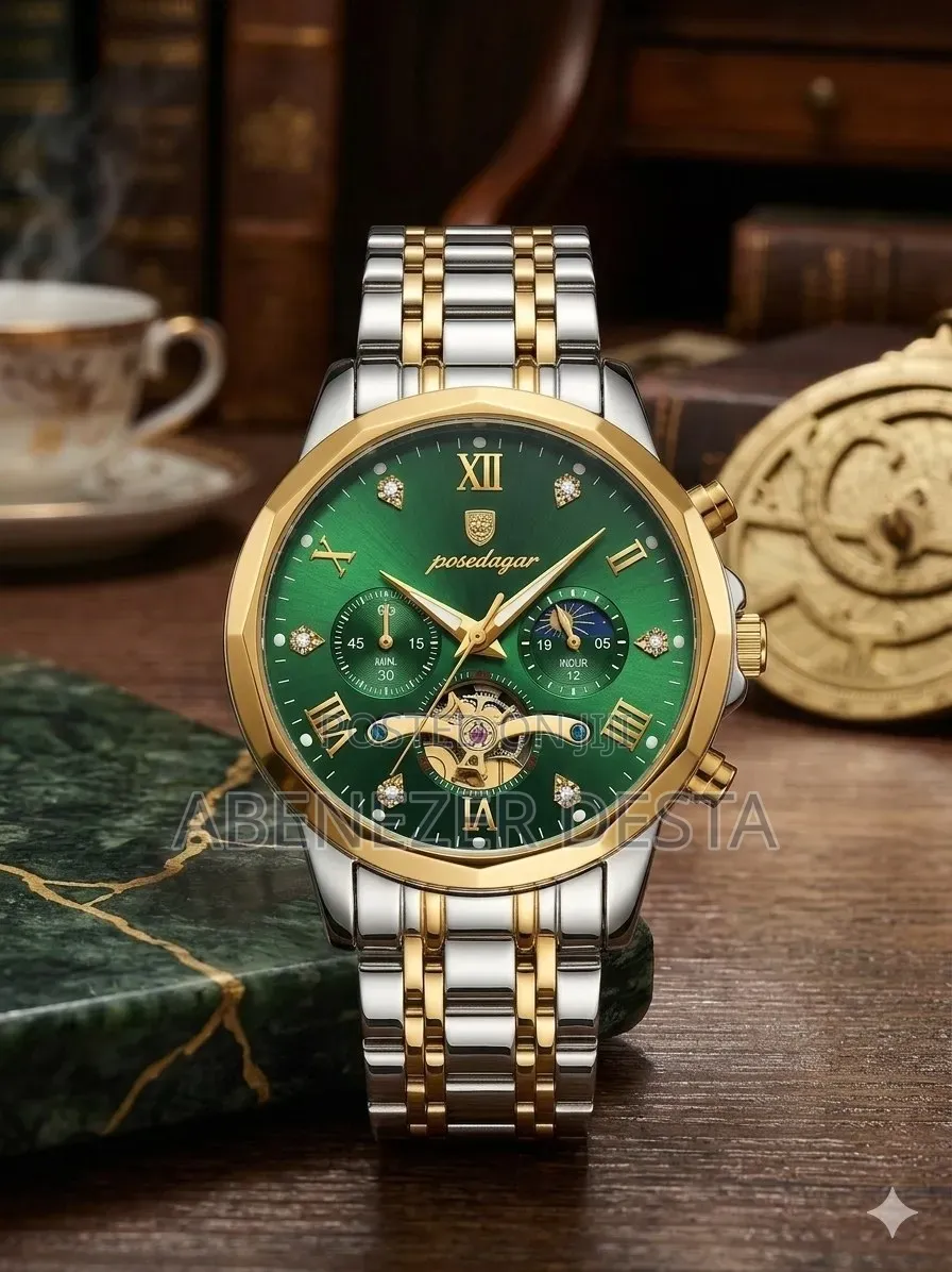 Poedagar 938 Diamond Mirror Chronograph Watch Featuring a Green Dial