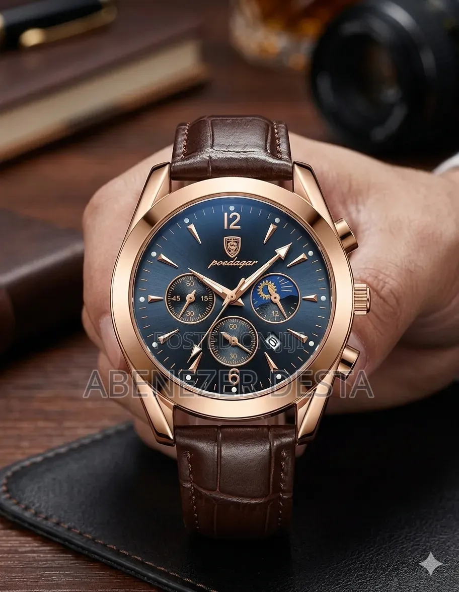 Poedagar Men's Luxury Chronograph Watch Rose Gold Case and Brown