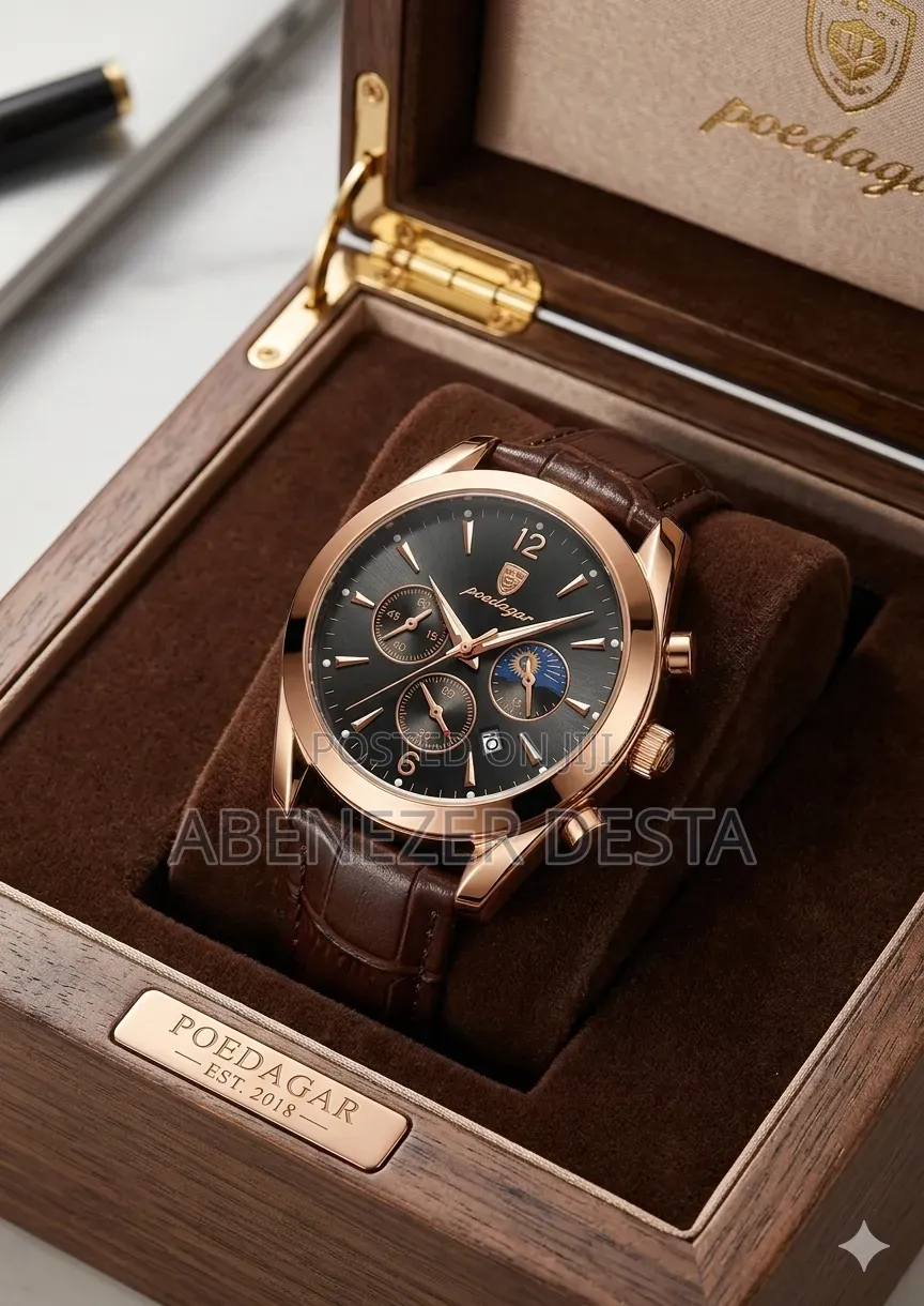 Poedagar Men's Luxury Chronograph Watch Rose Gold Case and Brown