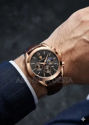 Poedagar Men's Luxury Chronograph Watch Rose Gold Case and Brown