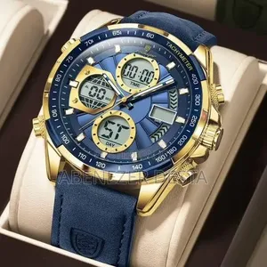Poedagar Men Dual Display Watch Featuring a Gold-Toned Case and a Blue