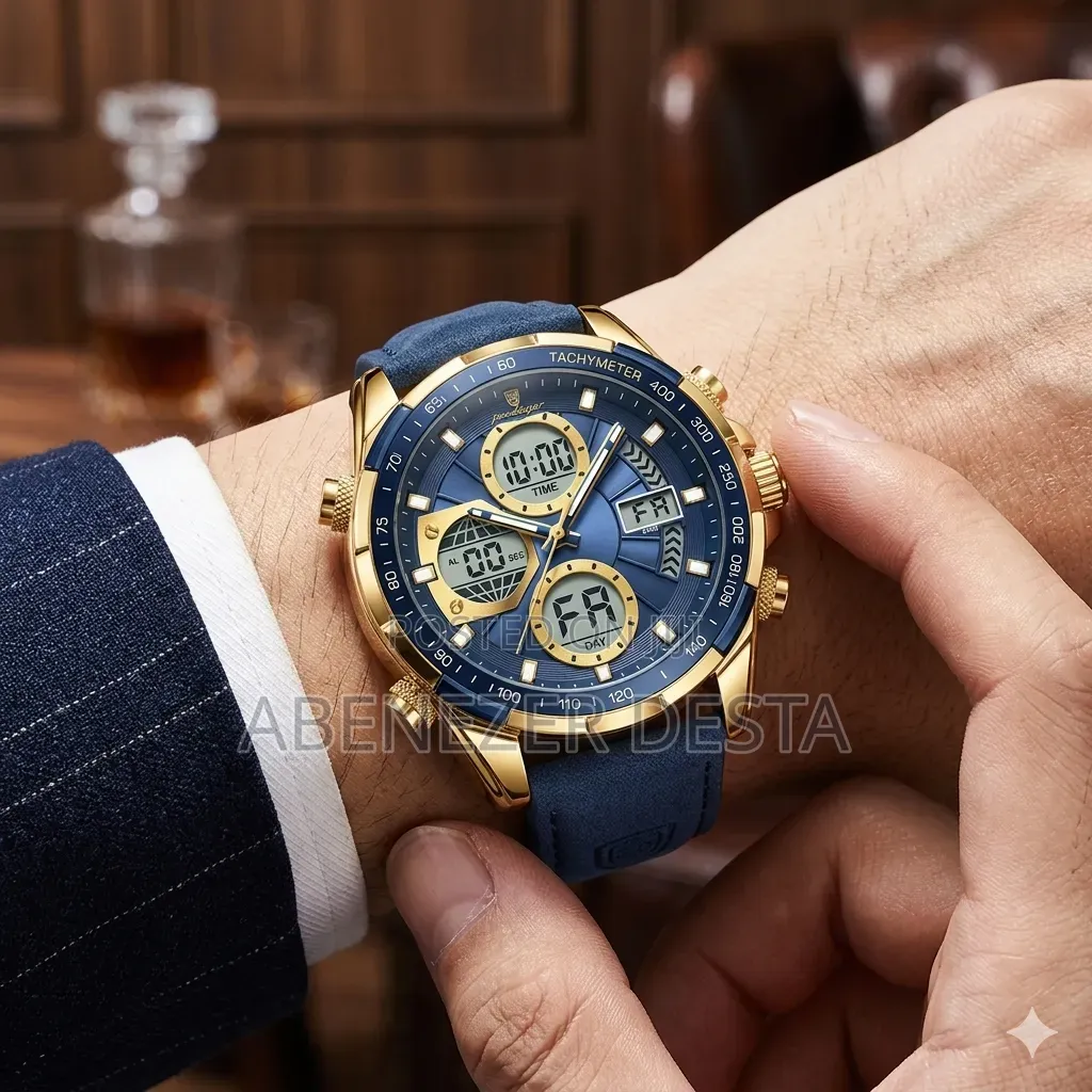 Poedagar Men Dual Display Watch Featuring a Gold-Toned Case and a Blue