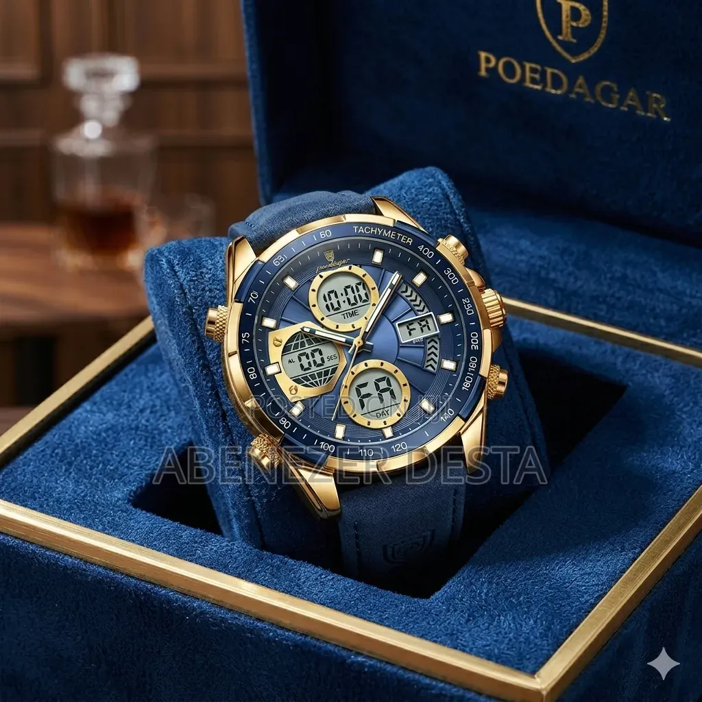Poedagar Men Dual Display Watch Featuring a Gold-Toned Case and a Blue
