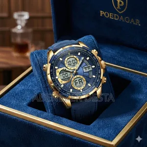 Poedagar Men Dual Display Watch Featuring a Gold-Toned Case and a Blue