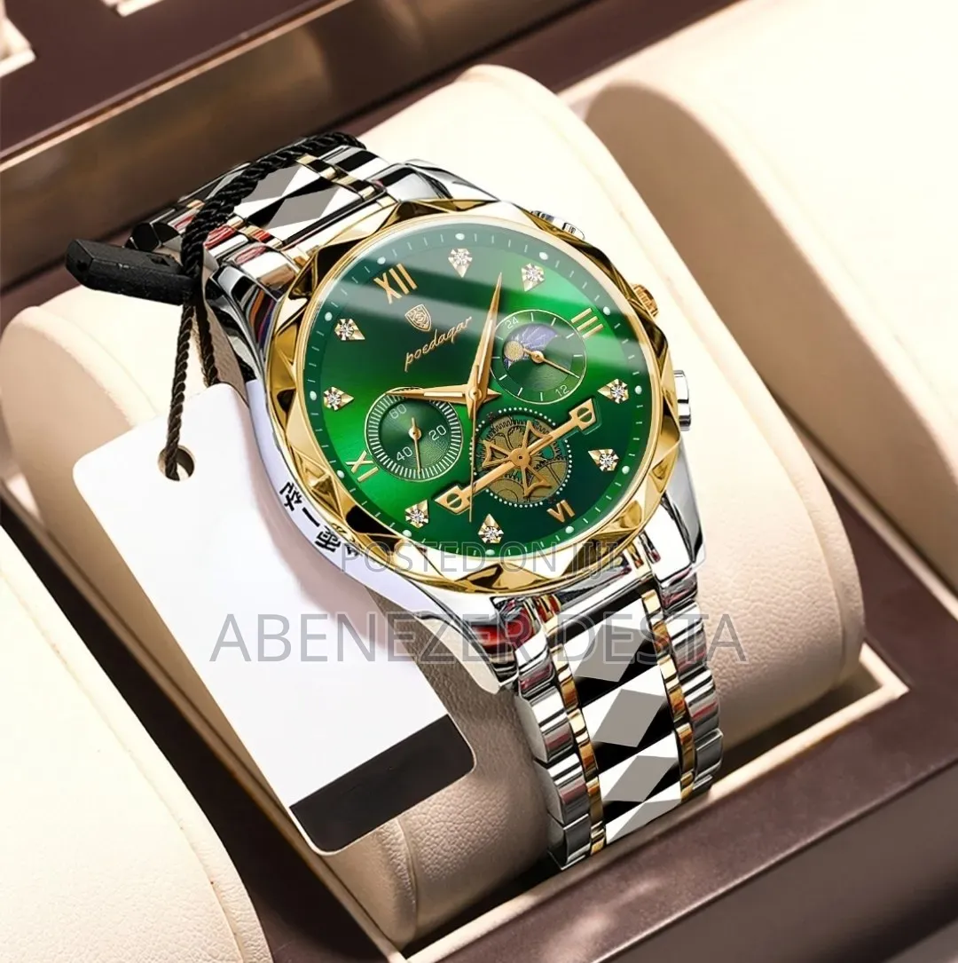 Poedagar Luxury Men's Wristwatch in Green and Silver Stainless Steel