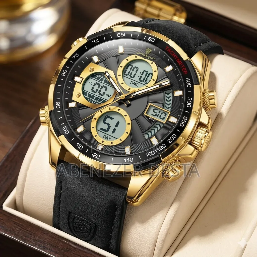 Poedagar E108 Men's Chronograph Watch With a Gold-Tone Black Leather