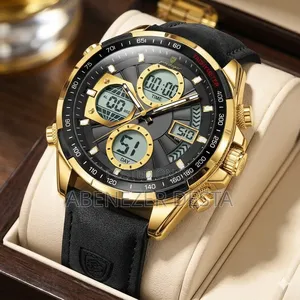 Poedagar E108 Men's Chronograph Watch With a Gold-Tone Black Leather