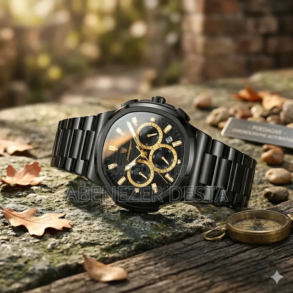 Poedagar Chronograph Wristwatch With a Black Stainless Steel Strap