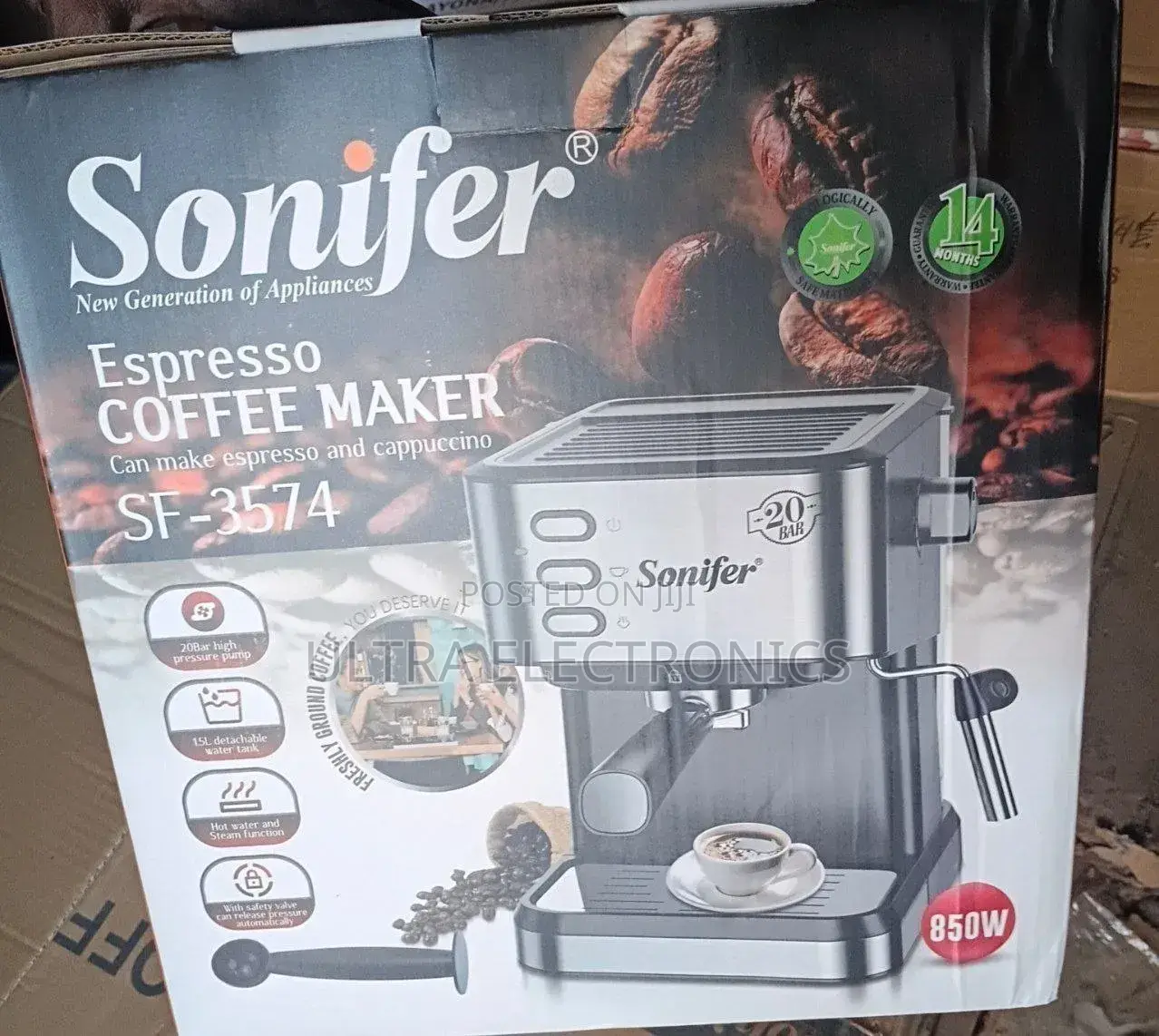Coffee Maker Sonifer Sf-3574 Espresso With a Silver 20-Bar Pressure,