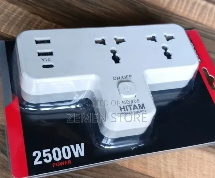 Hitam 5in1 Power Socket 2500w - 2 Outlet + 2 Usb + Type-C ጥራት ያለው ሶኬት
