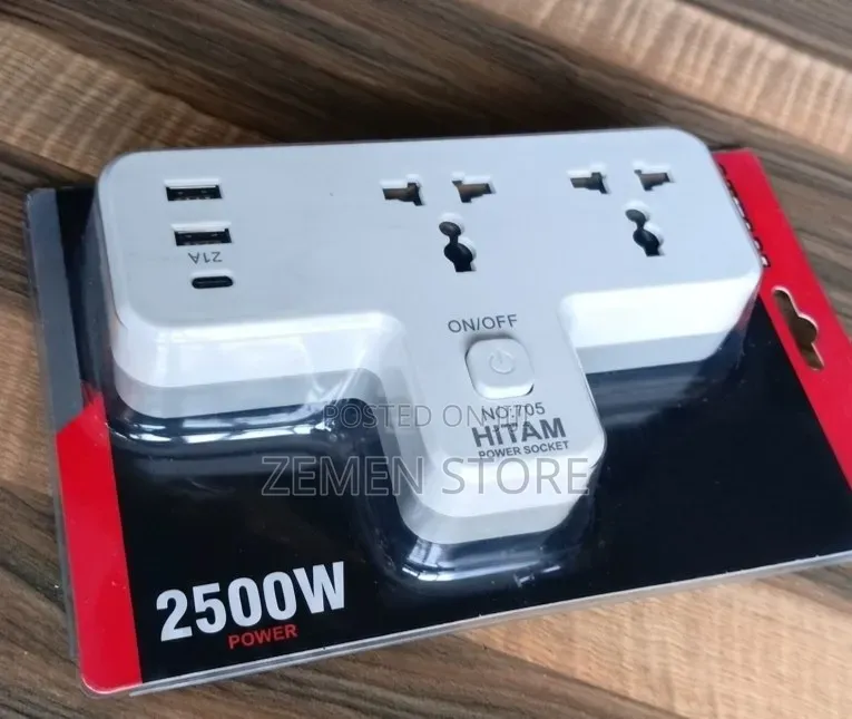 Hitam 5in1 Power Socket 2500w - 2 Outlet + 2 Usb + Type-C ጥራት ያለው ሶኬት