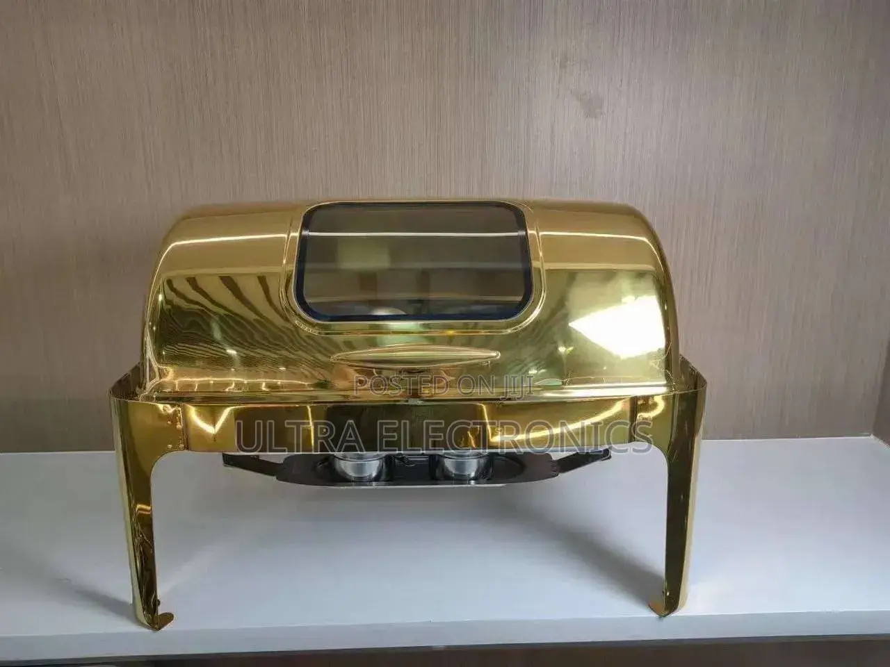 Chafing Dish Rectangular Golden Stainless Steel With a Glass Window