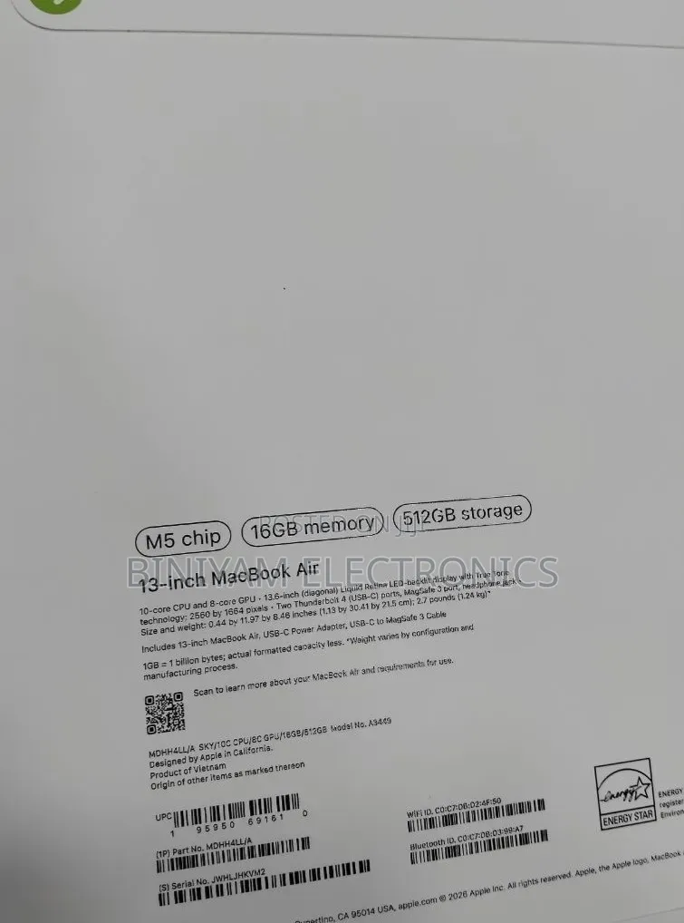 New Laptop Apple MacBook Air 2026 M5 13-inch 16GB Apple M5 SSD 512GB
