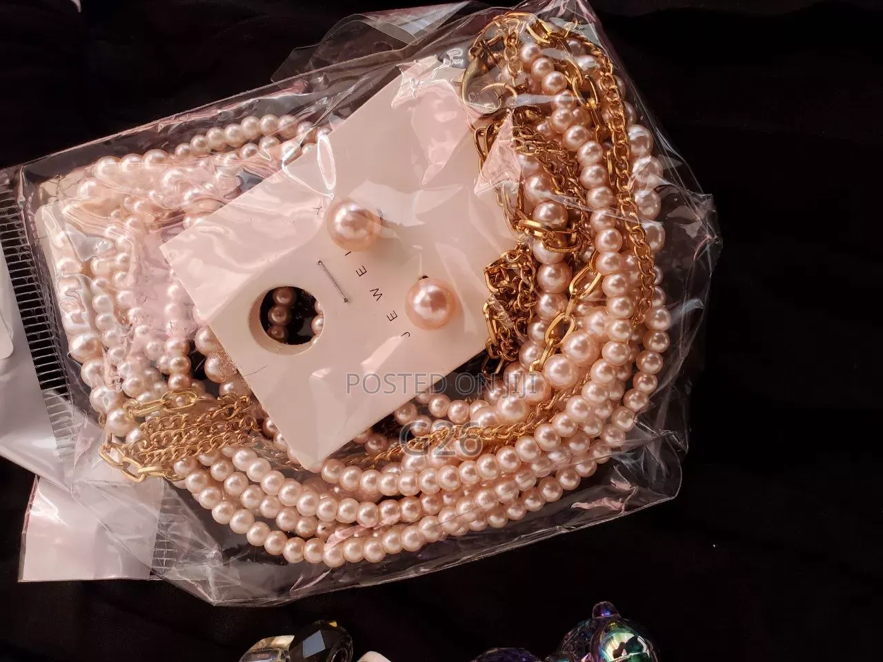 Set of Pink, Multi-Strand Pearl Necklaces and Matching Stud Earrings