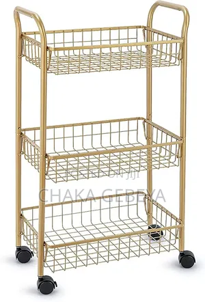 3-tier Fruit Bread Rack - Wooden Handles, Gold Finish, 55x33x22cm