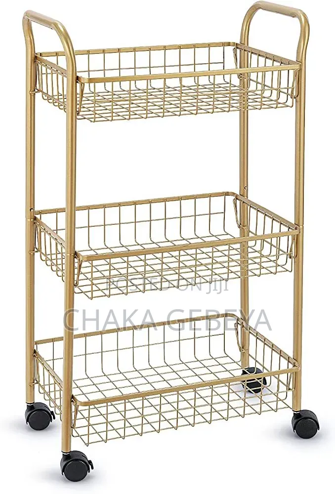3-tier Fruit Bread Rack - Wooden Handles, Gold Finish, 55x33x22cm
