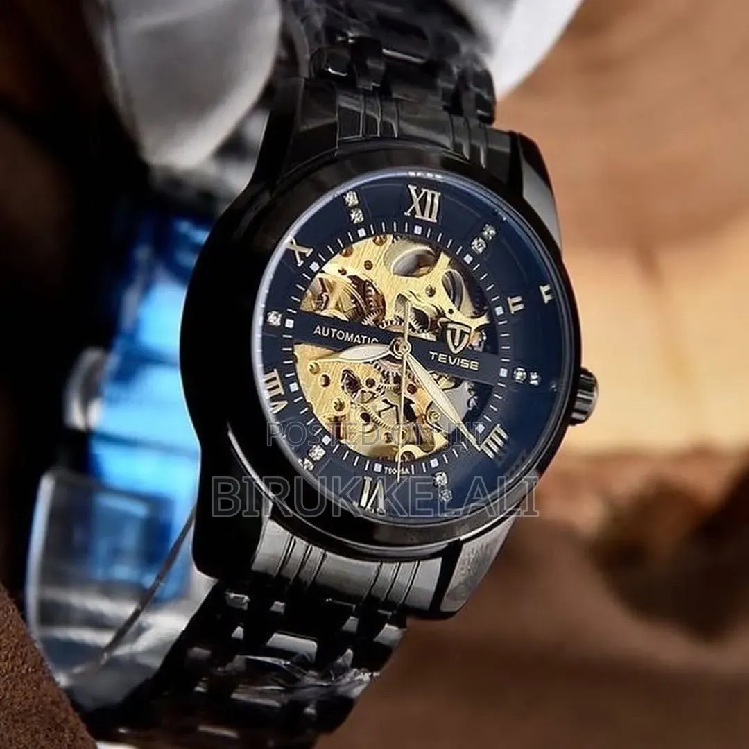 Tevise T9005a Automatic Mechanical Skeleton Wristwatch With a Black