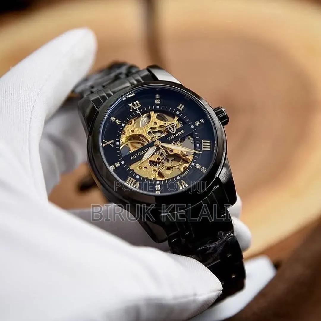 Tevise T9005a Automatic Mechanical Skeleton Wristwatch With a Black