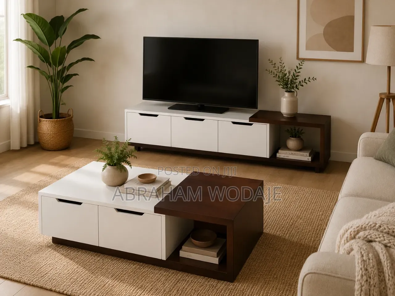 White and Brown Tv Stand With Center Table