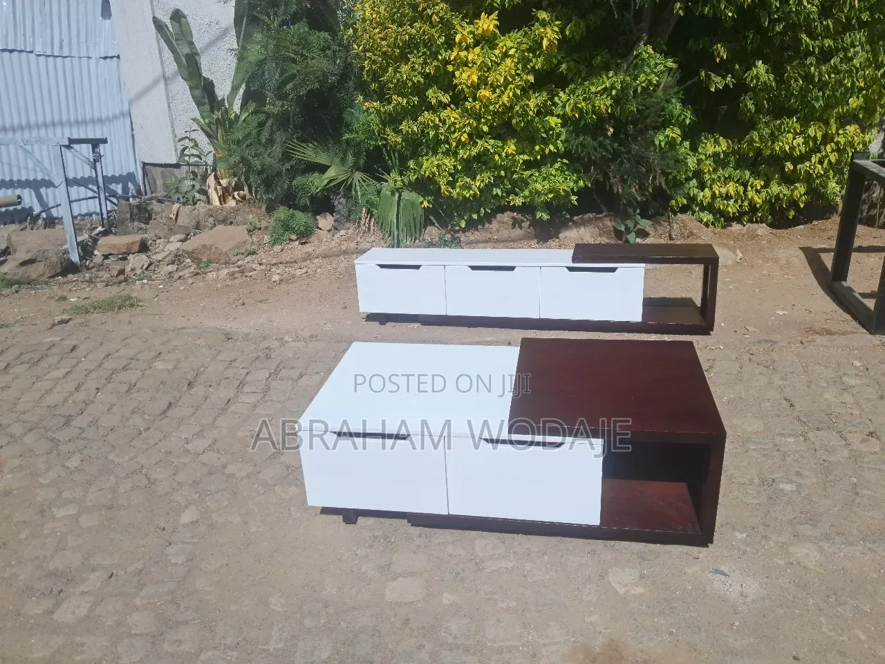 White and Brown Tv Stand With Center Table
