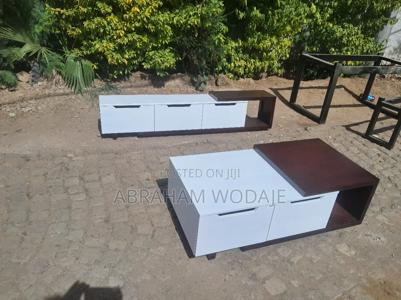White and Brown Tv Stand With Center Table