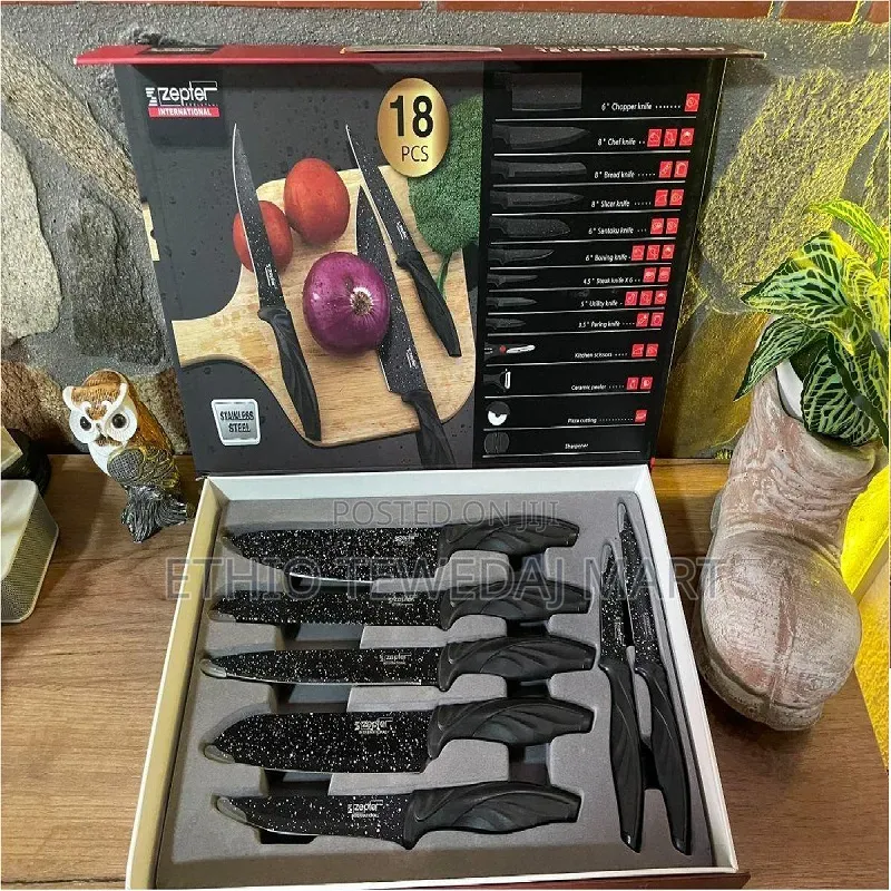 18-Piece Black Granite Knife Set With Modern Design ቢላ