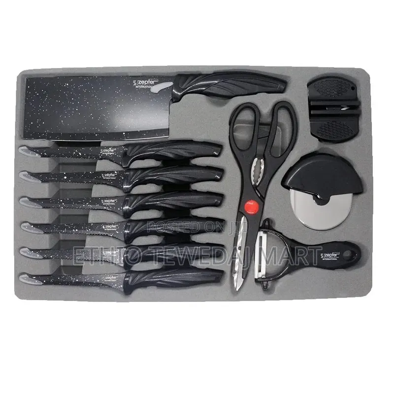 18-Piece Black Granite Knife Set With Modern Design ቢላ