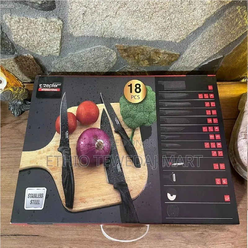 18-Piece Black Granite Knife Set With Modern Design ቢላ