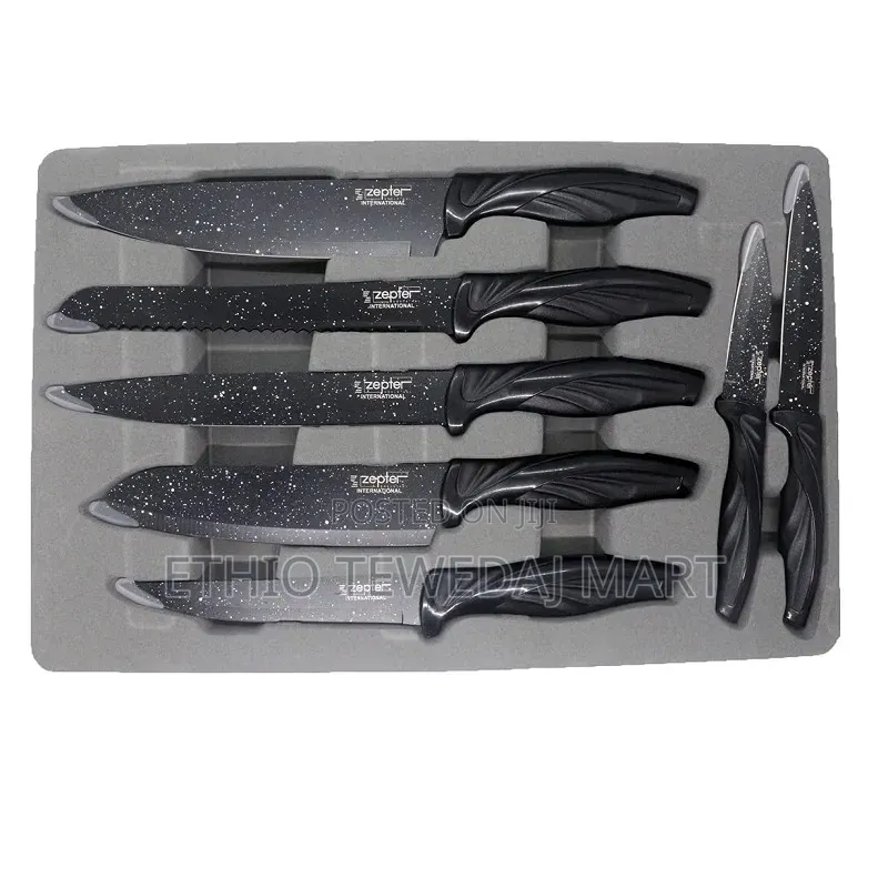 18-Piece Black Granite Knife Set With Modern Design ቢላ