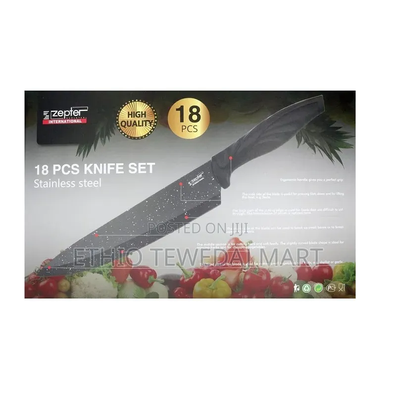 18-Piece Black Granite Knife Set With Modern Design ቢላ