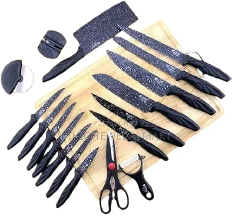 18-Piece Black Granite Knife Set With Modern Design ቢላ