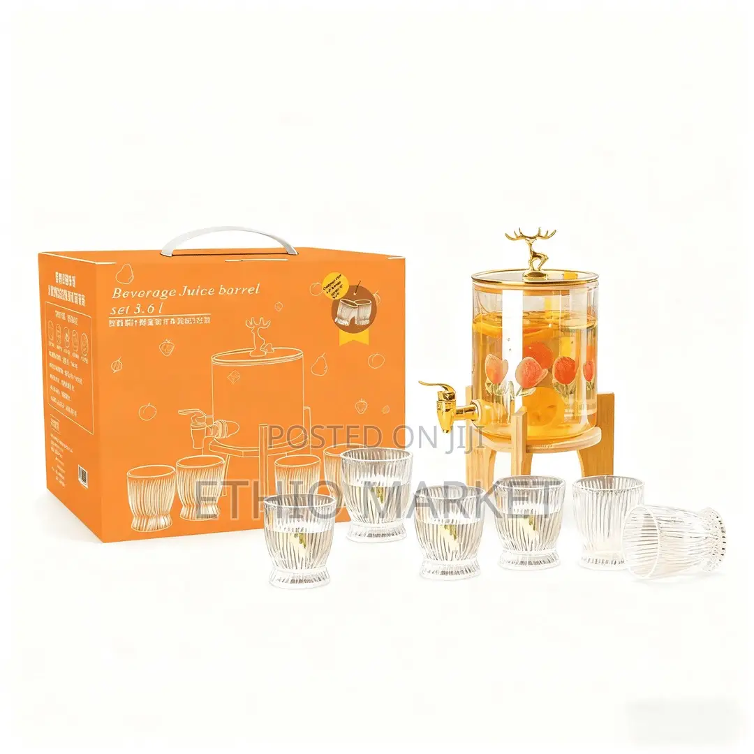 Glass Dispenser Jar With Bamboo Stand And 6 Drinking Glasses