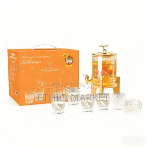 Glass Dispenser Jar With Bamboo Stand And 6 Drinking Glasses