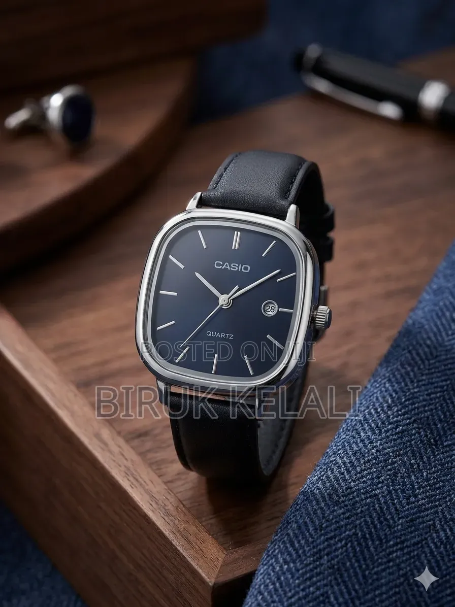 Casio Watch Features a Blue Dial Set Within a Silver-Toned, Cushion