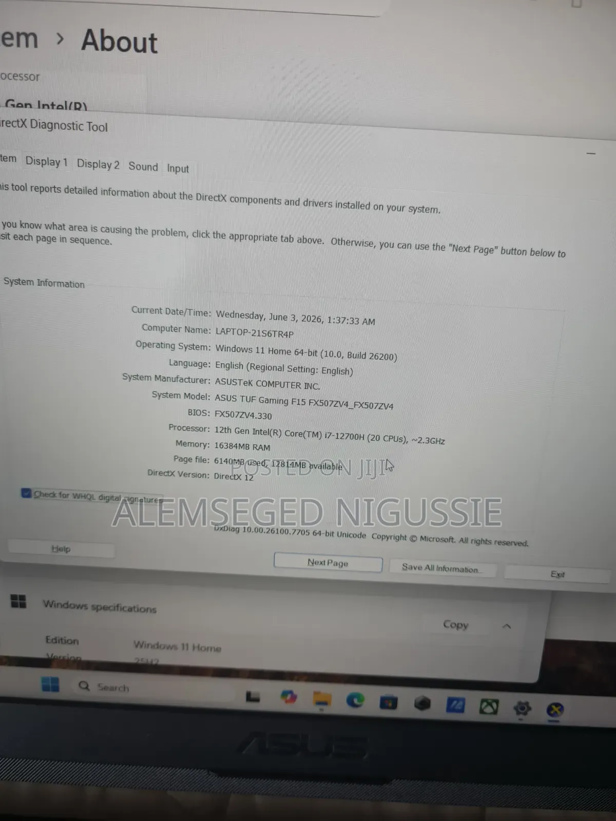 New Laptop Asus TUF Dash F15 16GB Intel Core i7 SSD 512GB