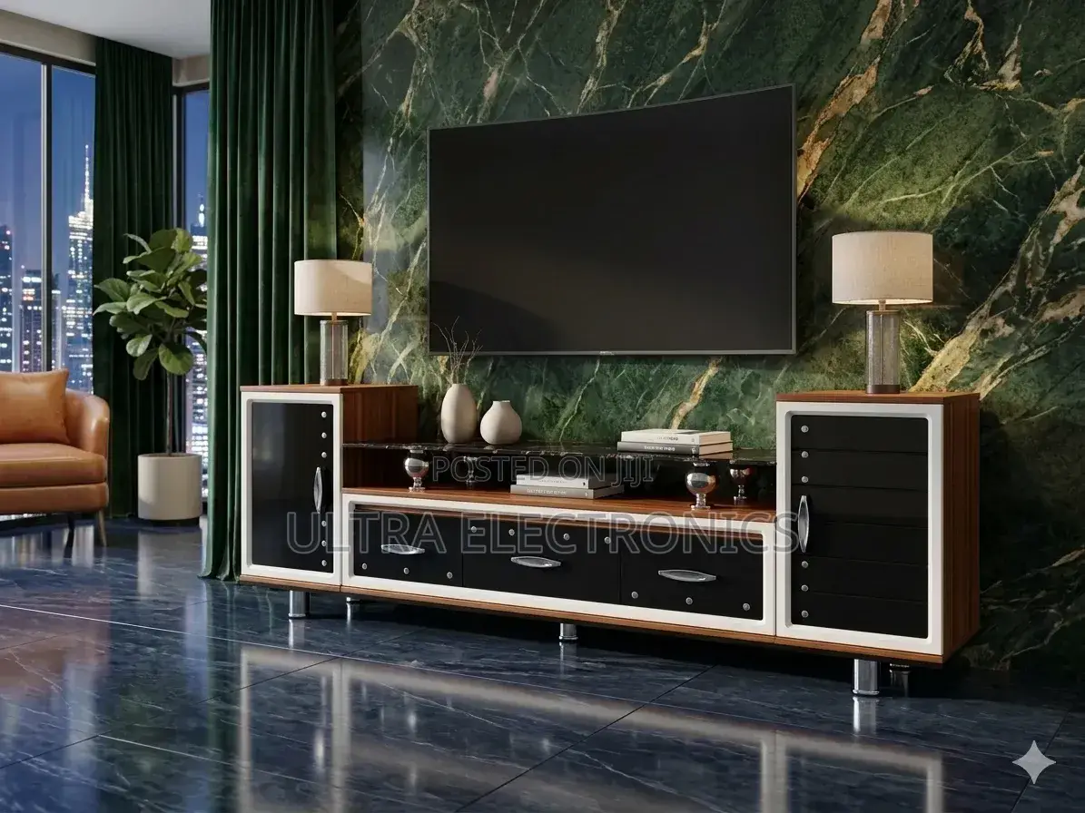 Features A Sleek, Multi-textured Design Combining Wood Tones, Glass,